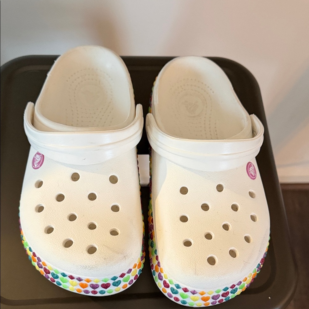 Kids White Crocs with Colorful Heart Accents